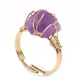 Cluster Rings Natural Crystal Stone Wire Wrap Couple Friends Healing Fluorite Amethysts Gold-color Resizable Rose Quartz Ring For Women