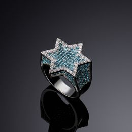 New Hexagon Star Silver Color Blue Iced Out Cubic Zircon With Side Stones Rings Micro Paved Diamond Hip Hop Jewelry For Gifts274f