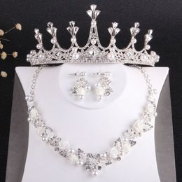 Charming Silver Crystals Bridal Jewelry Sets 3 Pieces Suits Necklace Earrings Tiaras Crowns Bridal Accessories Wedding Jewelry Set2651