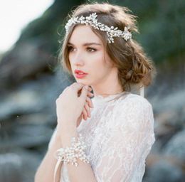 Boho Bridal Halo Headpiece Rinetones Wedding Hairpiece Hand Wired Crystal Pearl Leaf Hair Tiara Crown Bridal Hair Accessories5531818