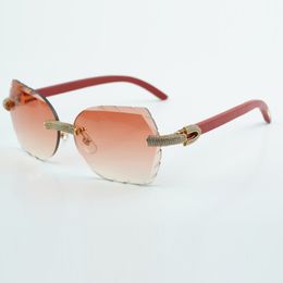 Fashionable micro cut lenses with full inlaid micro diamond sunglasses 8300817 high-quality natural red wood leg sunglasses, size 60-18-135 mm