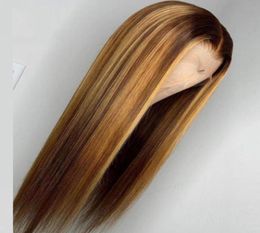 Ombre Highlight Wig Brown Honey Blonde Coloured HD Whole Lace Front Human Hair Wigs Straight 13x6 Middle Part Lace Frontal Wig Remy1998095