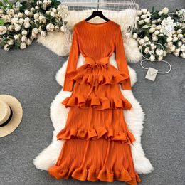 Casual Dresses Cascading Pleated Dress Women O Neck Long Sleeve Solid Colour Ruffles Cake Belt Dress Female Party Clothing 2024