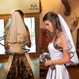 Elegant Camo Short Bridal Veils Elbow Length Camo Ribbon Edge Wedding Veils Hair Pieces For Brides Custom Made2537