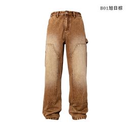 American style washed loose fitting straight tube workwear logging pants jeans for men