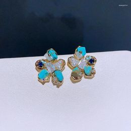 Stud Earrings Luxury Turquoise Stone Flower Gold Colour Plated Handmade Beaded Women Jewellery