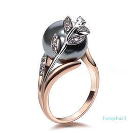 Trendy Rose Gold Colour ring Big Grey Pearl Women Leaf Trendy jewellery drop anel anillos aneis bagues femme statement jewe245M