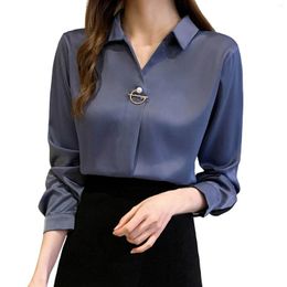 Women's Blouses Satin Silk Shirt Button Down Blouse Casual Loose Long Sleeve Office Work Large Size Womens Lapel Shirts