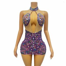 Stage Wear Sparkly Colourful Crystal Printing V Neck Mini Dress Women Singer Nightclub Bar Sexy Backless Sleeveless Outfit Show