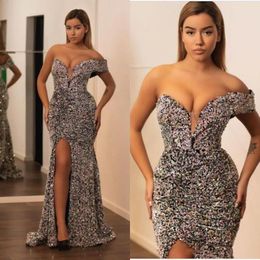 Glitter Sequin Mermaid Prom Dresses 2022 Side Slit Formal Gowns Saudi Arabic Party Night Vestidos De Noite Evening Gowns B0417183h