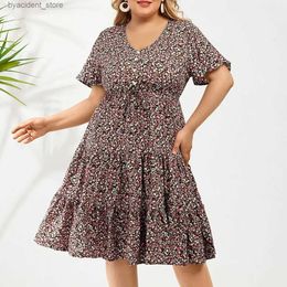 Urban Sexy Dresses Womens Plus Size Floral Print High Waist Elastic Lace-up Short Sleeves Dress Over Size Button V-neck Long Pleated Dresses L240309