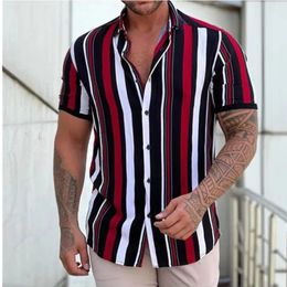 Mens Shirt Fashion Stripes Print Short Sleeve Tees Summer Shirt Men Turn-down Collar Button Casual Blouse Mens Clothing 240229