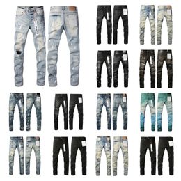 Jeans-Designer-Jeans für Herren, lila, Markenjeans mit Löchern, eng anliegend, Motorrad-Mode, Spleißen mit Löchern, schmale Passform und sichtbare Hosenbeine