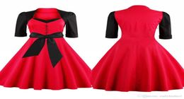 Newest Patchwork Women Work Dresses Red With Black Vintage Square Neckline Half Sleeve Swing Women Casual Dress Plus Size FS11109736960