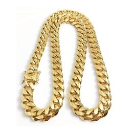 316L Stainless Steel Jewellery 18K Gold Plated High Polished Miami Cuban Link Necklace Men Punk 15mm Curb Chain Double Safety Clasp 227v