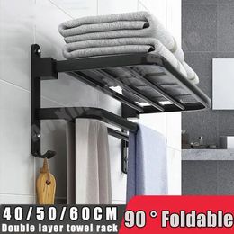 60CM Towel Rack Black Bathroom Wall Mounted Storage Non Perforated el Home Folding Stand accessories 240304