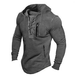 Men Spring Hoodie Hooded Top Streetwear Mens Mid Length Stylish Lace Up Drawstring Zipper Pockets Soft for Fall 240301
