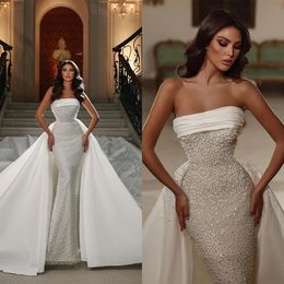 Luxury Mermaid Wedding Dress Strapless Sleeveless Bridal Gowns Pearls Beads Detachable Train Dresses Custom Made vestidos de novia