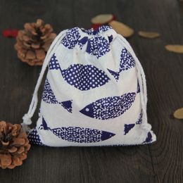 Vintage Fish Printed Linen Drawstring Bag 9x12cm 11x14cm 13x17cm pack of 50 Birthday Wedding Party Candy Sack Jewelry Gift Packagi256S