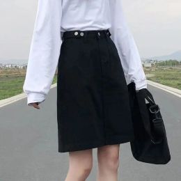 Dresses High Waist Denim Skirt Women Autumn 2023 New Black Aline Solid Simple College Wind Slim Black Skirts Women