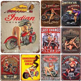 Metal Painting Last Stop Garage Pin Up Girls Metal Tin Signs Cool Women On Motorcycle Gas FillEr Up Station for Cafes Bars Pubs Shop Garage T240309