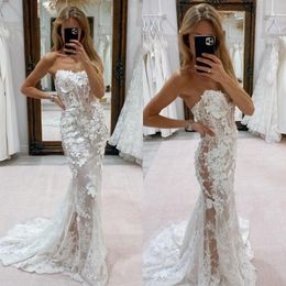 Boho Mermaid Lace Wedding Dresses bone bodice strapless country Wedding Dress Illusion backless wedding bridal gowns