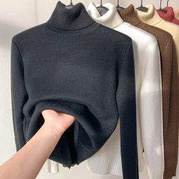 Sweaters Korean Turtleneck Slim Knitted Sweater Women 2022 Winter Fashion Long Sleeved Sweaters Fleece Line Warm Knitwear Base Shirt