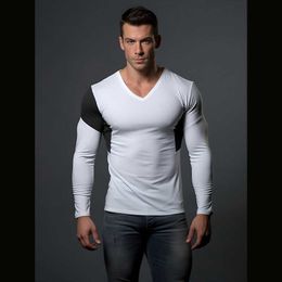 Men's T-shirt Autumn And Winter New British Casual Color Matching V-neck Slim Men's Long-sleeved T-shirt Base T240309