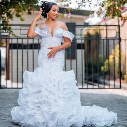 2024 Arabic Aso Ebi Plus Size Luxurious White Mermaid Wedding Dress Beaded Crystals Lace Organza Tiers Bridal Gowns Dresses ZJ034