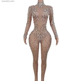 Urban Sexy Dresses Evening Birthday Celebrate Sexy Rompers Prom Party Singer Come Show Wear Big Pearl Bling Silver Stones Mesh Jumpsuit L240309