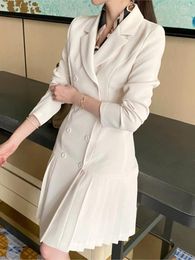 Casual Dresses Spring Autumn Midi Trench Dress Women Ruffle Pleated Korean Style Fashion Slim Ladies Long Sleeve Elegant Woman