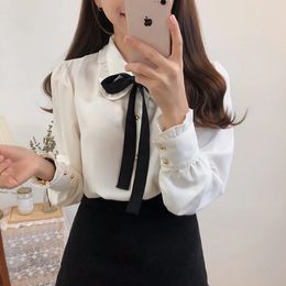 s Womens Cute Sweet Girls Vintage Black White LaceUp Ruffled Ribbon Tops Button Elegant Formal Shirts Blouses 240226