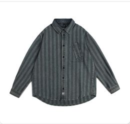 Japanese style denim shirt, men's autumn lapel, vertical stripes, washed loose casual shirt, men's