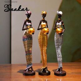 Decorative Objects Figurines SAAKAR Resin Painted Black Statue Decor Figurines Retro African Women Holding Pottery Pots Home Bedroom Desktop Collection Items T24