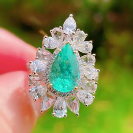 Ins Top Sell Wedding Rings Luxury Jewelry 925 Sterling Silver Water Drop Emerald CZ Diamond Gemstones Party Eternity Women Open Adjustable Ring Gift