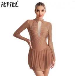 Stage Wear Women's Adults Rhinestone Ballet Gymnastics Dress Mesh Splice Figure Ice Skating Lyrical Performance Dancewear Costumes