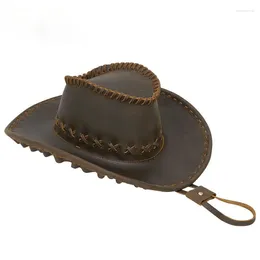 Berets Est Fashion Vintage Travel Handmade Cowhide Cap Western Cowboy Hat Mad Horse Skin Sunshade Men Brown Show Caps 2024