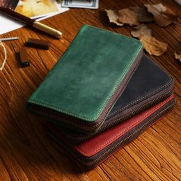 Cowhide Men Pencil Bag with Pen Slots Zipper Retro Pouch Leather Case for School Students Large Capacity 240306