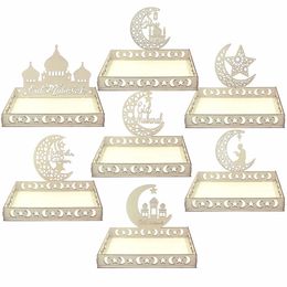 1set Eid Mubarak Wooden White Tray Moon Star Small for Ramadan Kareem Food Holder Al Adha Islamic Muslim Party Supplies 240301