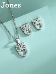 S925 Sterling Silver Animal Owl Necklace Womens Trendy Fashion Pendant Earrings Jewellery TwoPiece Set 240305