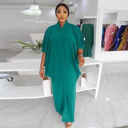 Casual Dresses Spring Summer Fashion Solid Colour Satin Dress Muslim Women V-neck Bat Short Sleeve Robe Loose