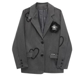 Blazers 2024 New Stylish Flower Heart Embroidery Blazer Jackets Womens Clothes Casual Loose Blazers Preppy Female Grey Suit Coats BC410