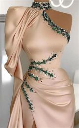 Sidsplit champagne sjöjungfrun prom klänningar pärlor höghals långärmad aftonklänning fest andra mottagnings klänningar