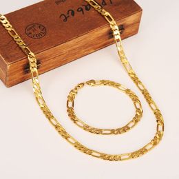 Fashion 18K Solid Yellow Gold Filled Men's OR Women's Trendy Bracelet 21cm 60cm Necklace Set Figaro Chain Watch Link Set315K