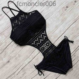 Sexy One Piece Swimsuit Backless Halter Beach Swimwear Crochet Bikini Bathing Suit Black Swimming for Women 210407 8G9A