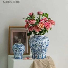Vases Blue and White Pottery Vase Vintage Dining Table Office Home Decoration Living Room Decoration Ornaments Flower Ware L240309