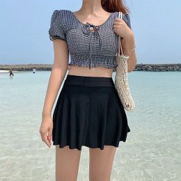 Set Youthful Puff Sleeve Contrast Color Two Piece Swimsuit Plaid Swimwear Push Up Monokini Bathing Suit Korea Style