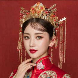 Retro Chinese Headdress Crown Headband Catwalk Stage Wedding Hair Accessories Pearls Beaded Tassel Tiaras Earring Hair Jewelry 240305