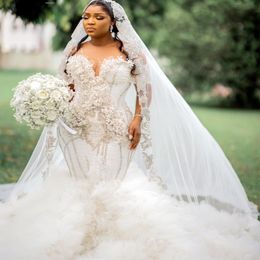 2024 Arabic Aso Ebi Plus Size Ivory Lace Mermaid Wedding Dress Pearls Flowers Tiers Bridal Gowns Dresses ZJ201