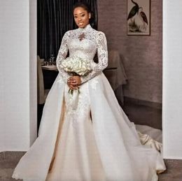 Meerjungfrau-Hochzeitskleid in Übergröße, Arabisch, Aso Ebi, transparenter Ausschnitt, hohes Brautkleid, lange Ärmel, Kleider, afrikanische arabische, charmante Schleppe, formelle Brautkleider